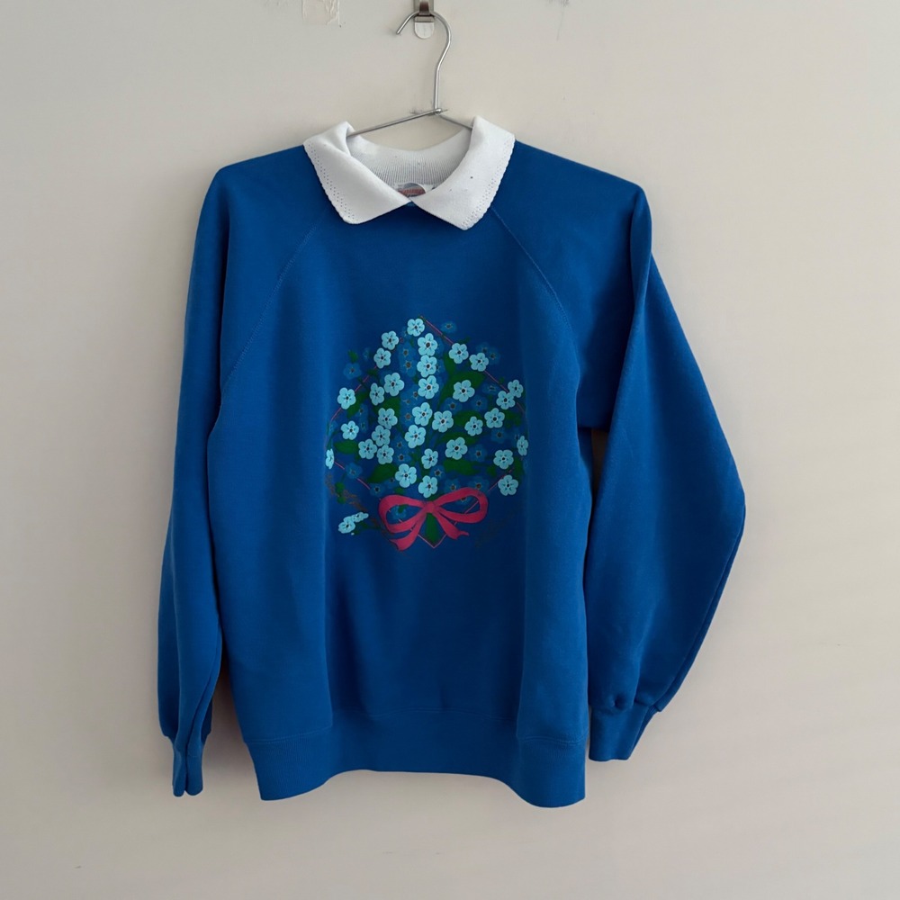 Vintage Hanes Activewear Blue Floral Sweatshirt Double Collar Large